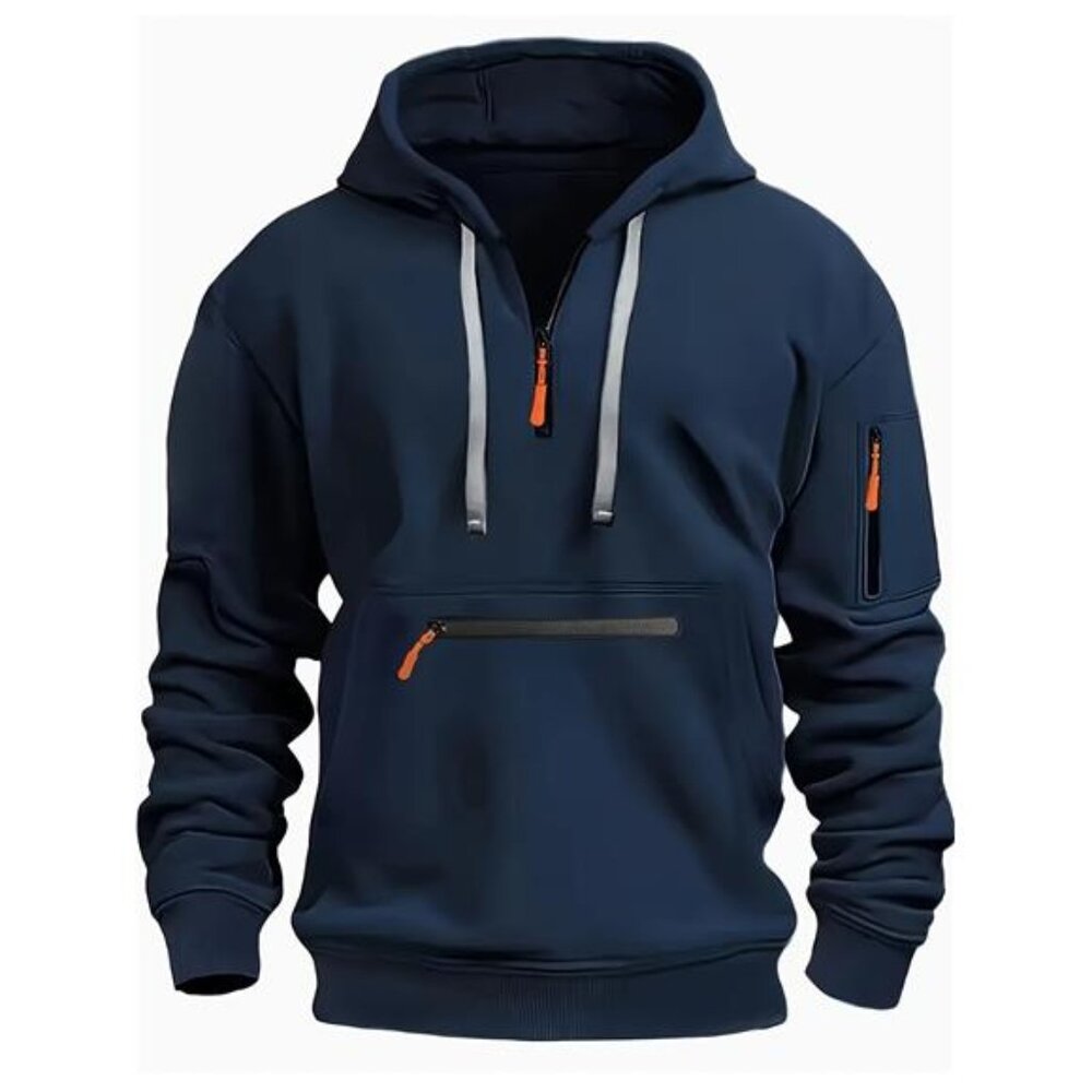 NWT Men's Technical Quarter-Zip Hoodie Navy Blue Utility Pocket Sweatshirt